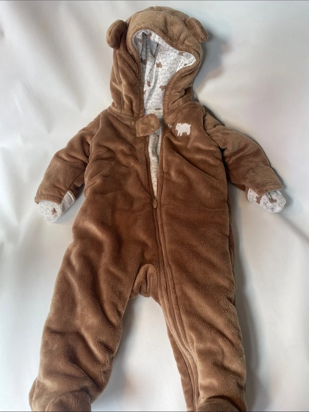 Simple Brown Plush Baby Footed One-Piece with Hood